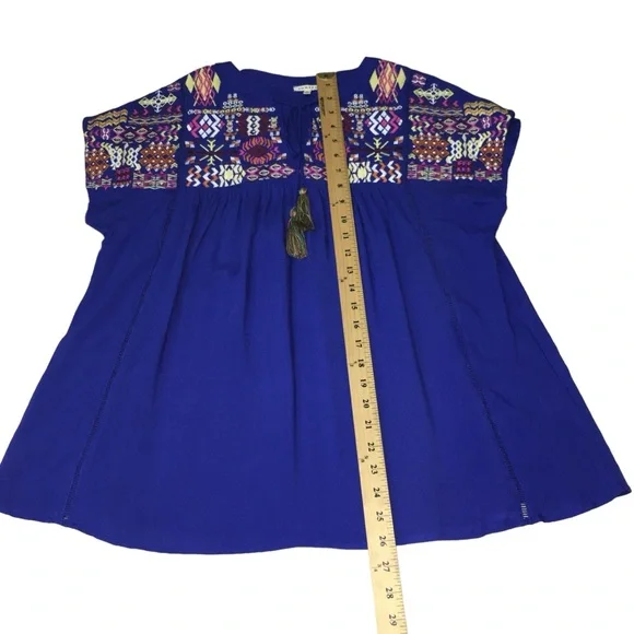 JODIFL Blue Embroidered Multicolor Lightweight Rayon Oversize Top Women’s Small - Picture 4 of 11